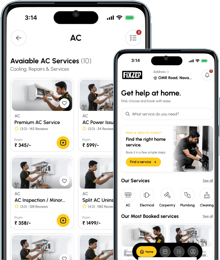FiXZEP app showing available AC services and home booking